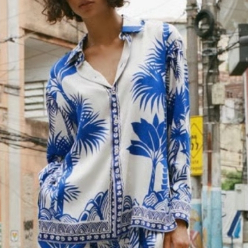Blue and White Palm Print Shirt